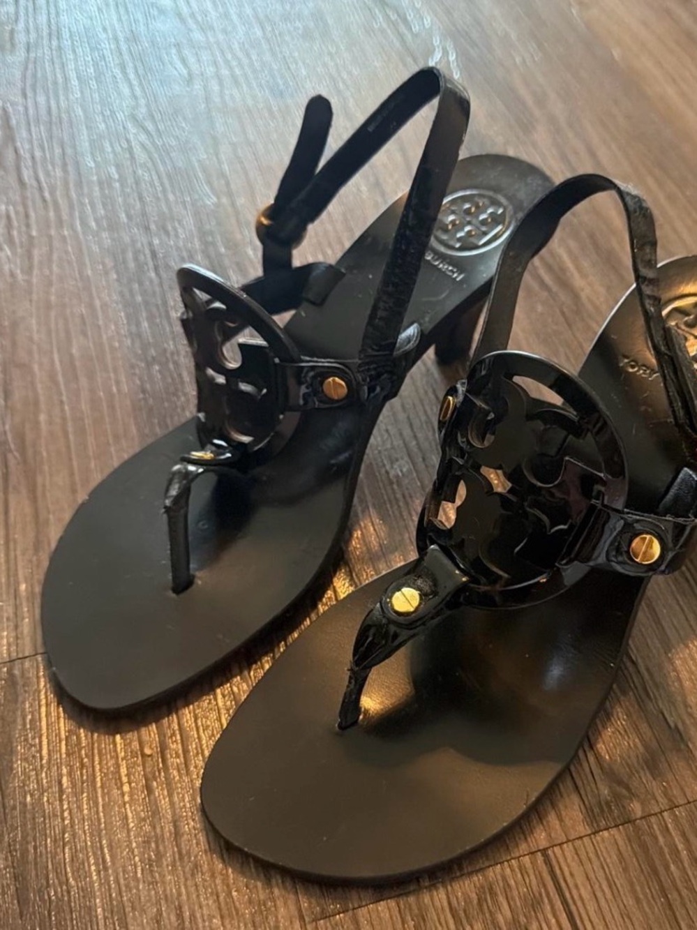 Tory Burch Black Patent Logo Thong Sandals with Gold Accents